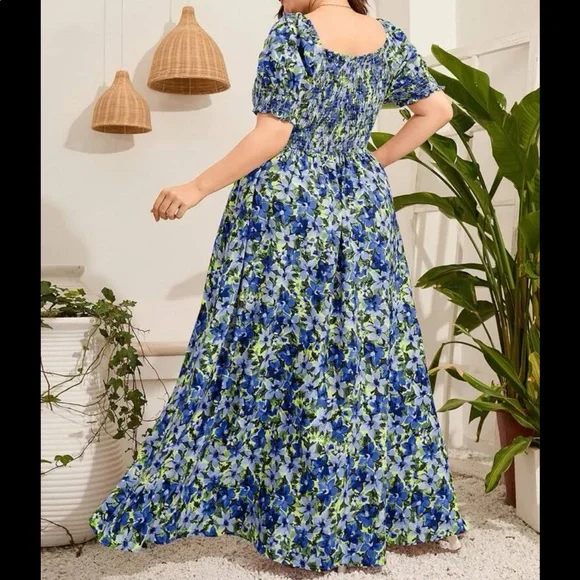 Bohemian Boho Plus Size Floral Print Smocked Maxi Dress - Picture 8 of 9